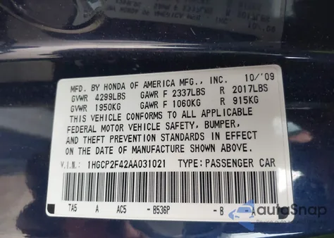 2010 Honda Accord 2.4 Lx-P из США, поврежденный, VIN 1HGCP2F42AA031021